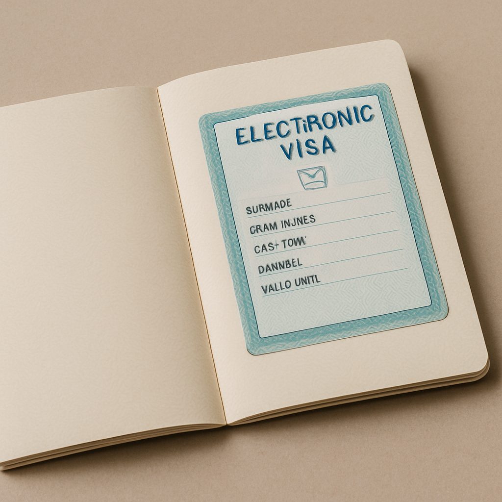 Imagem de um passaporte com um visto eletrônico