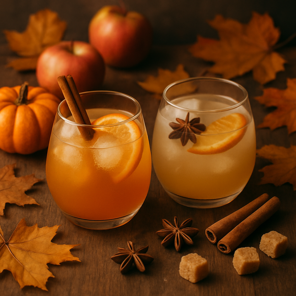 A cozy autumn scene with fall cocktails and seasonal ingredients