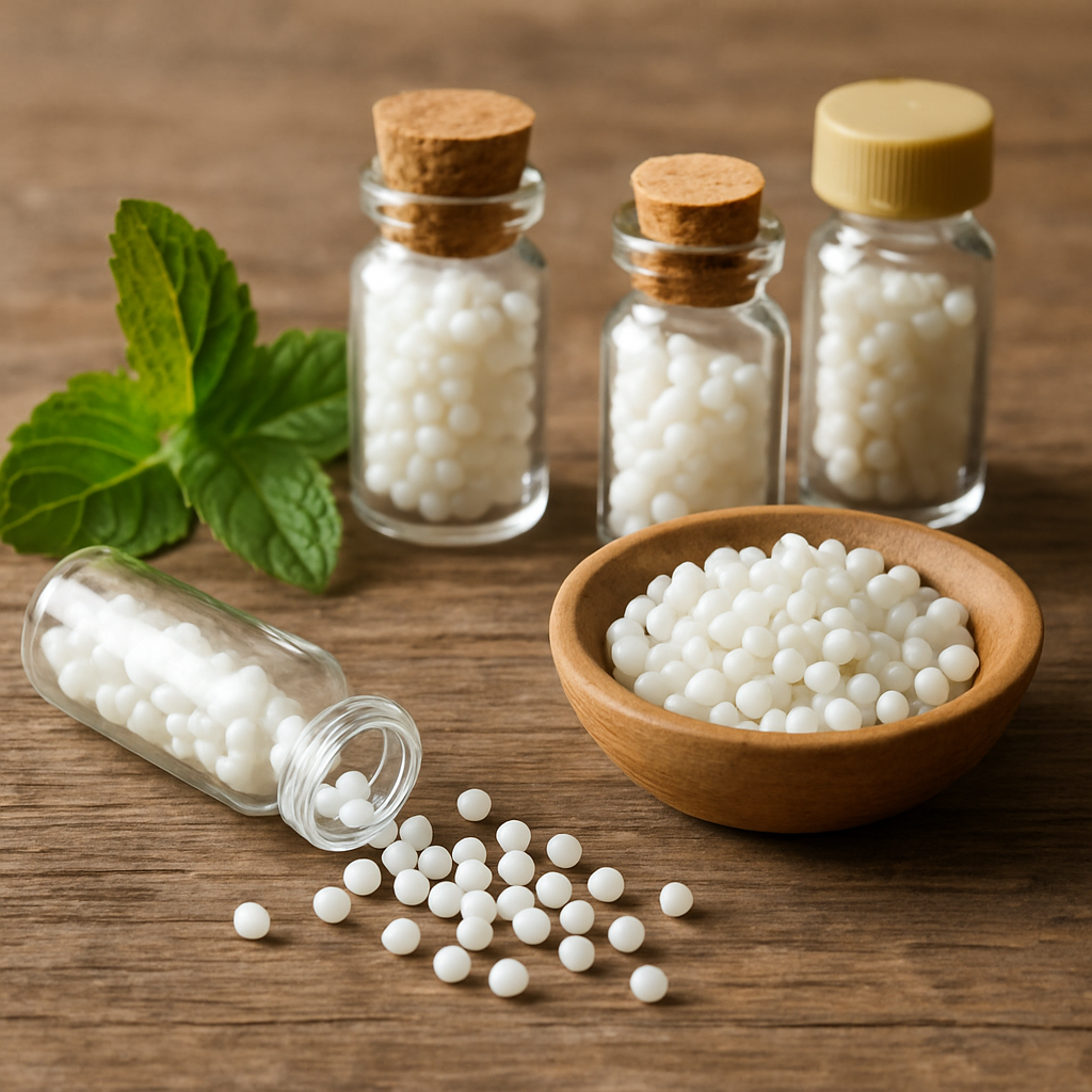 homeopathic remedies on a wooden table