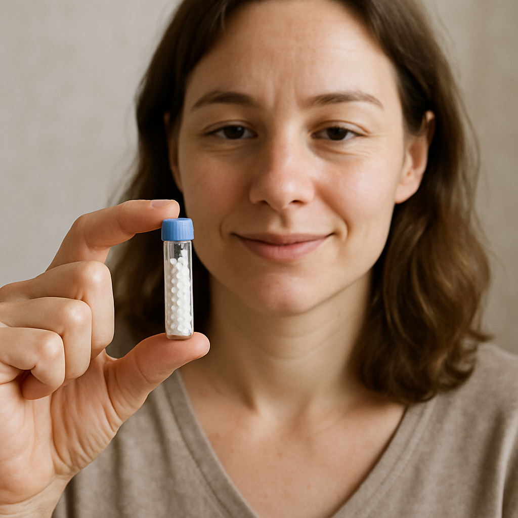 woman holding a small homeopathic vial