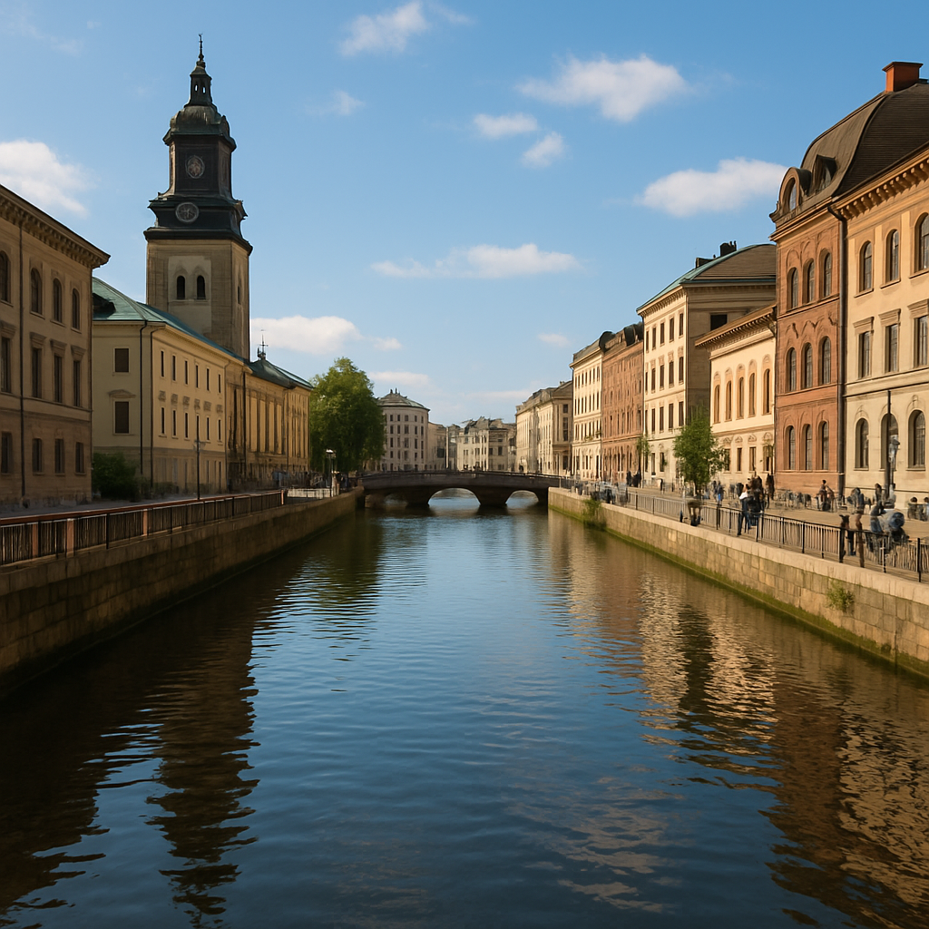 View of a charming canal surrounded by historical buildings in Göteborg