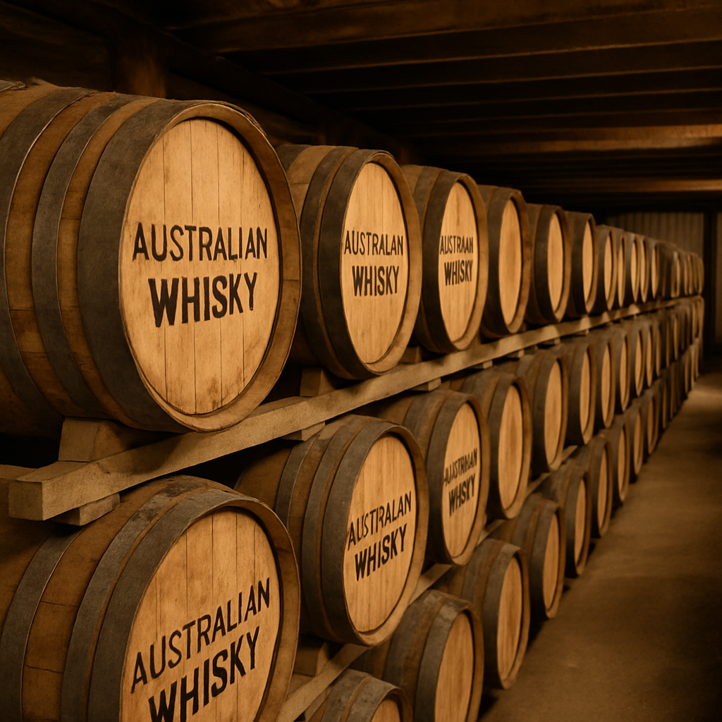 Australian whiskey aging in barrels