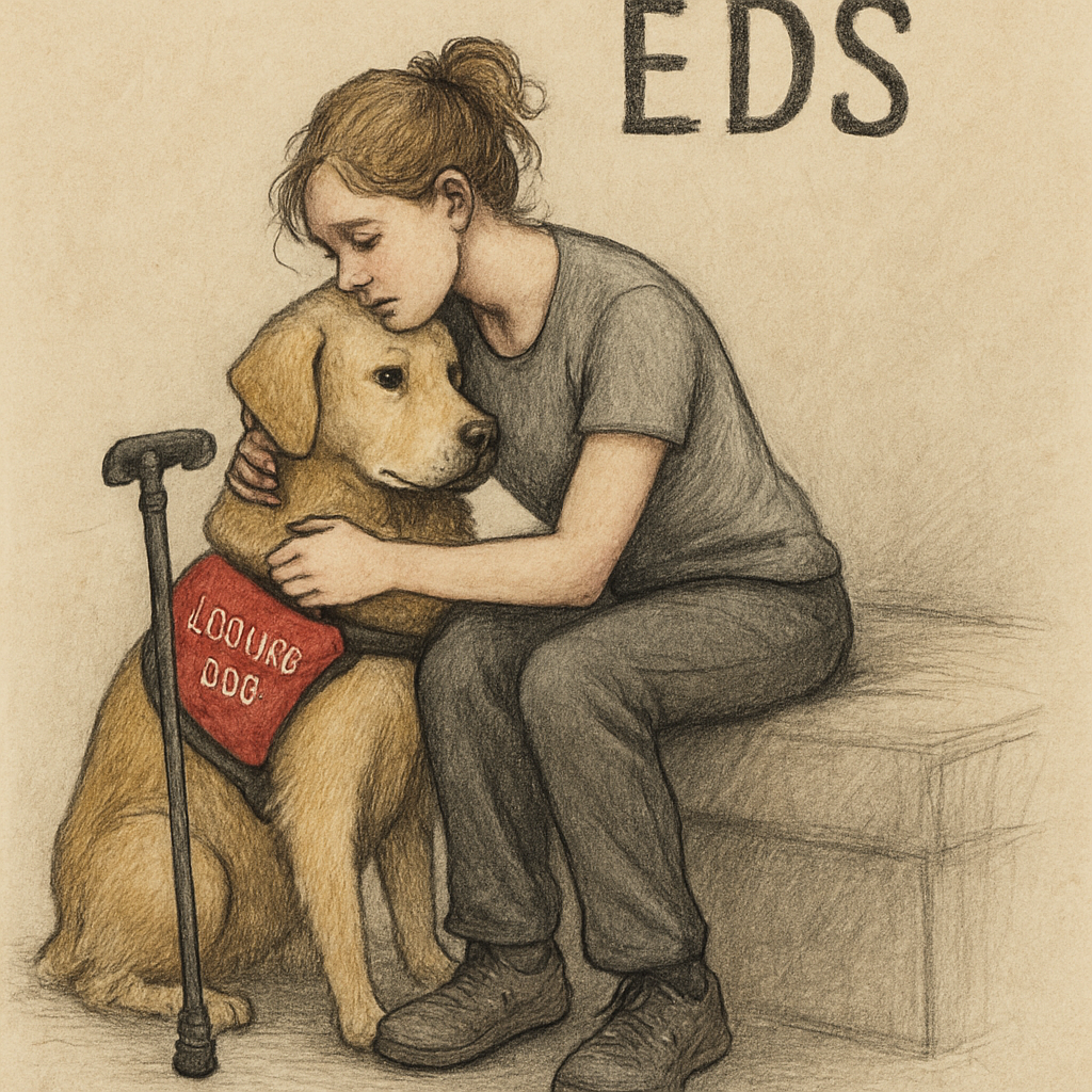 Image of a service dog offering support to a person with EDS