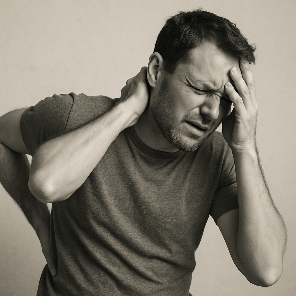 Image of a person in pain, holding their head with one hand and their back with the other