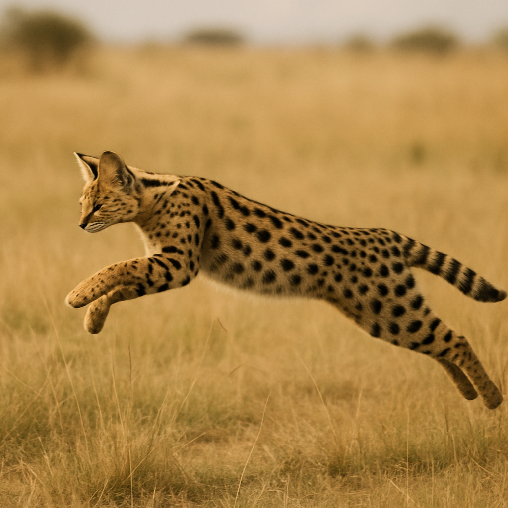 A serval gracefully leaping in the savanna