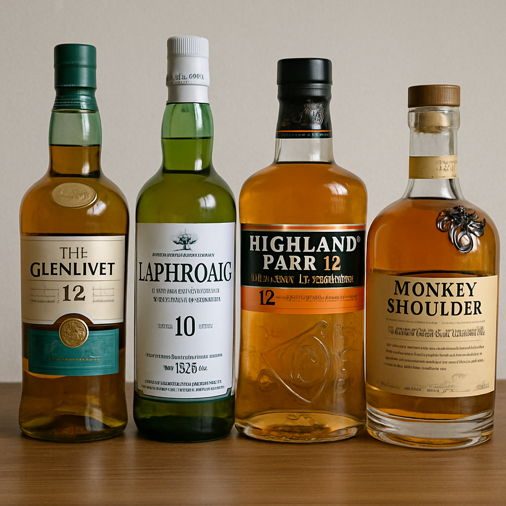 A variety of scotch whisky bottles representing different types