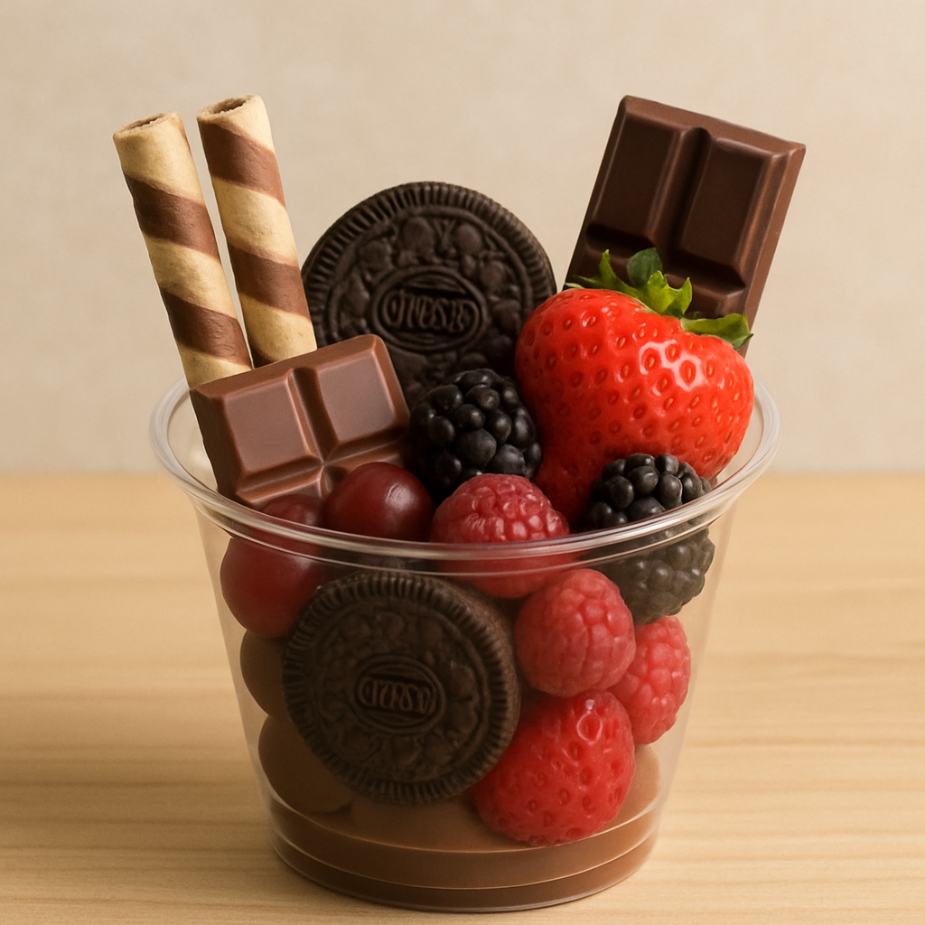 Dessert charcuterie cup with chocolate and fruits