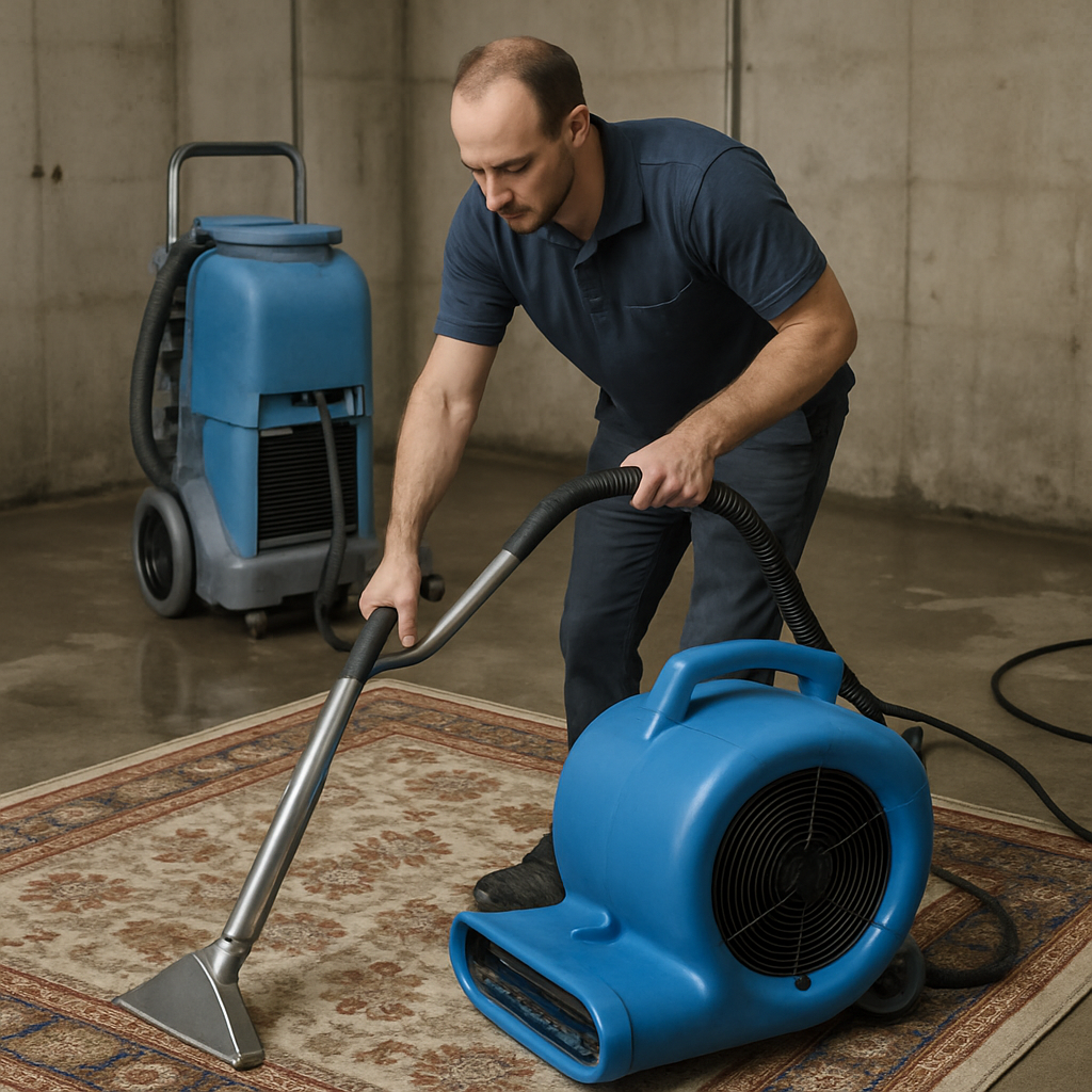 A professional using advanced equipment to dry a carpet