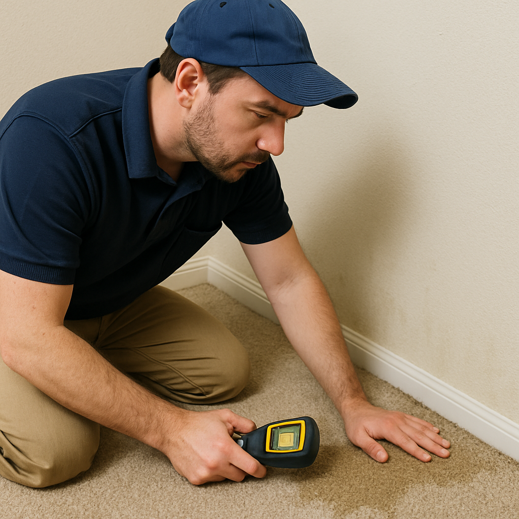 Technician assessing water-damaged carpet with moisture detector