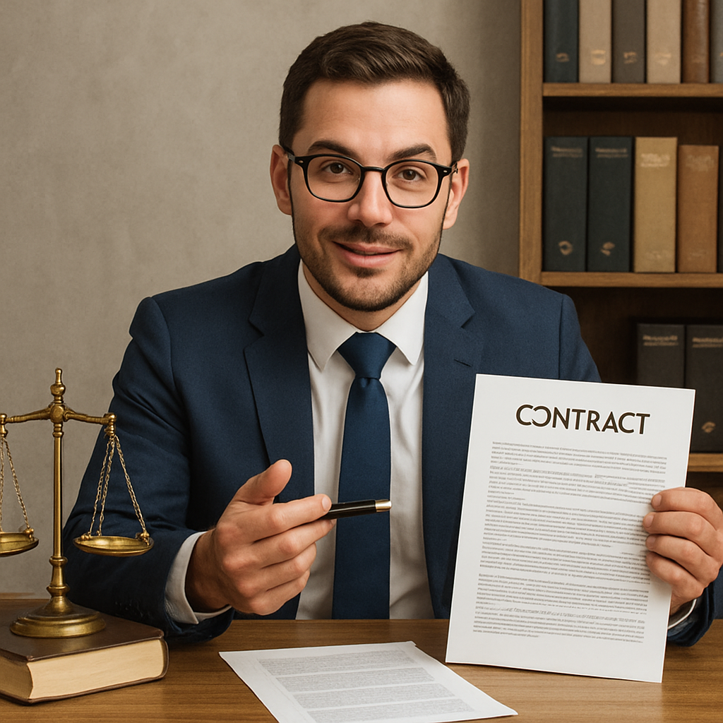 A confident lawyer discussing contracts