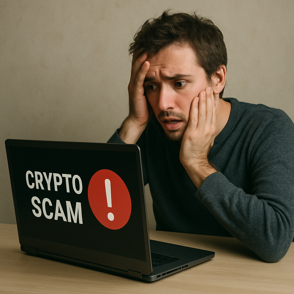 A distressed person looking at their computer, realizing a crypto scam