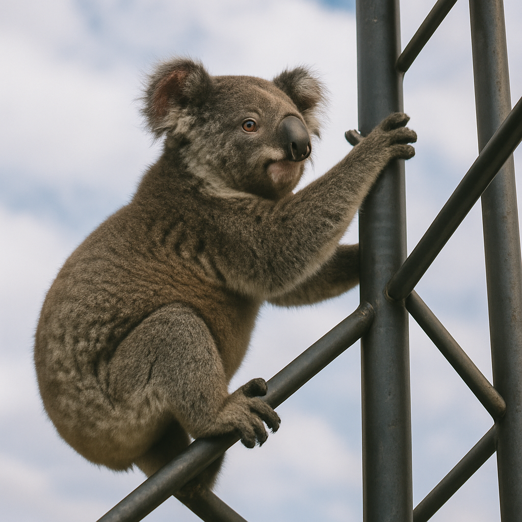 Koala climbing a structure
