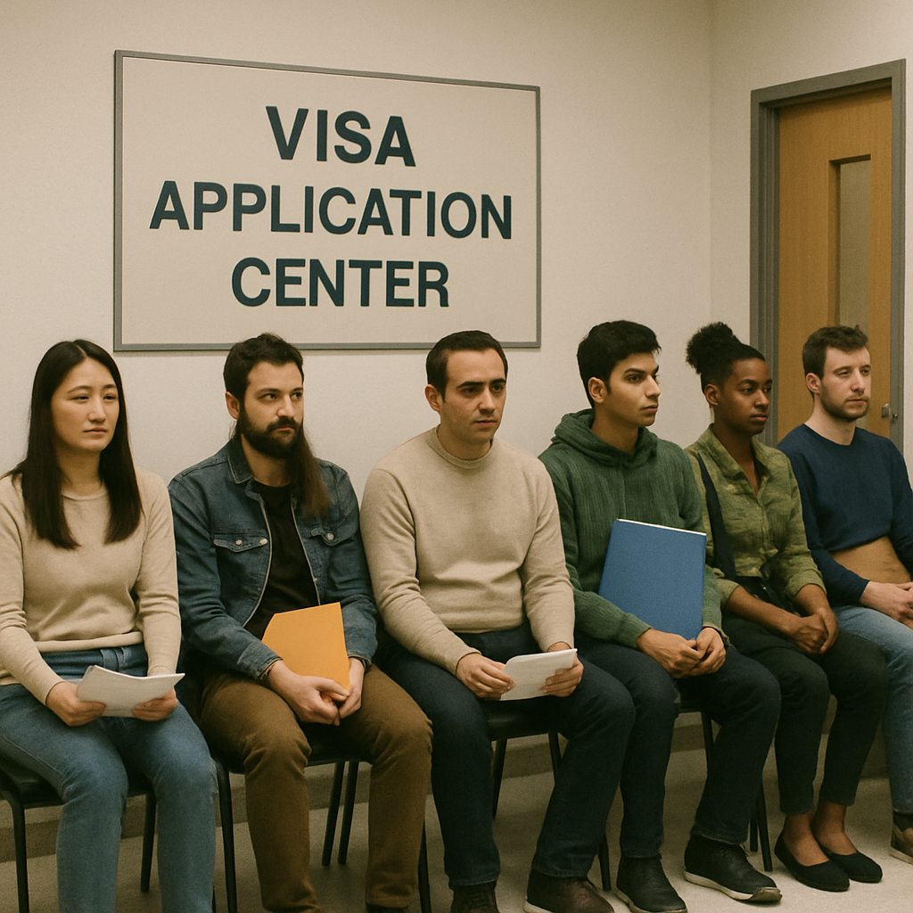 People waiting at a visa application center