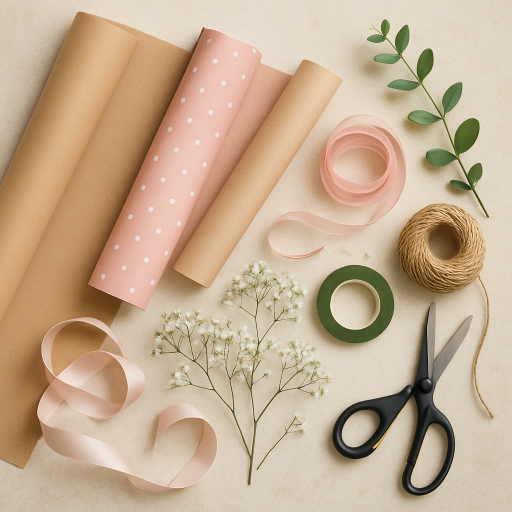 Assorted supplies for flower wrapping