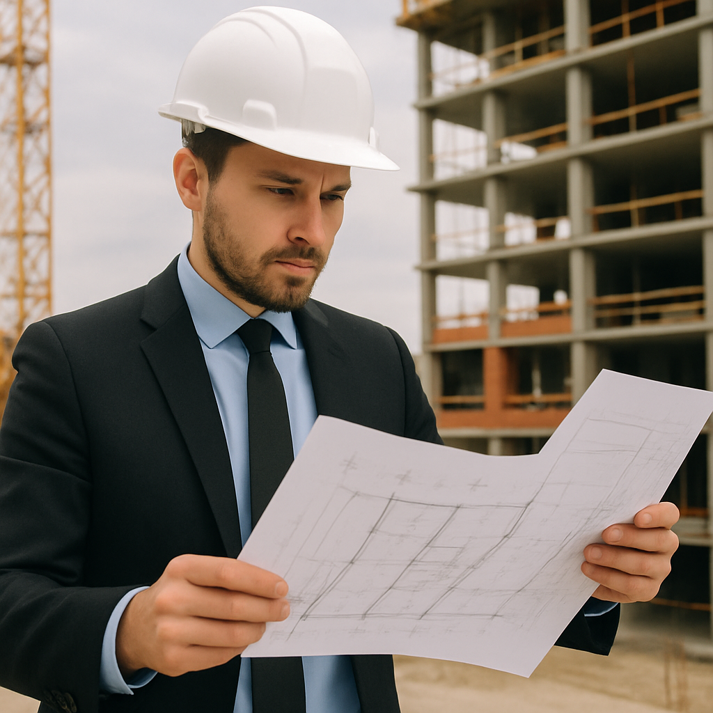 Professional engineer reviewing a construction blueprint