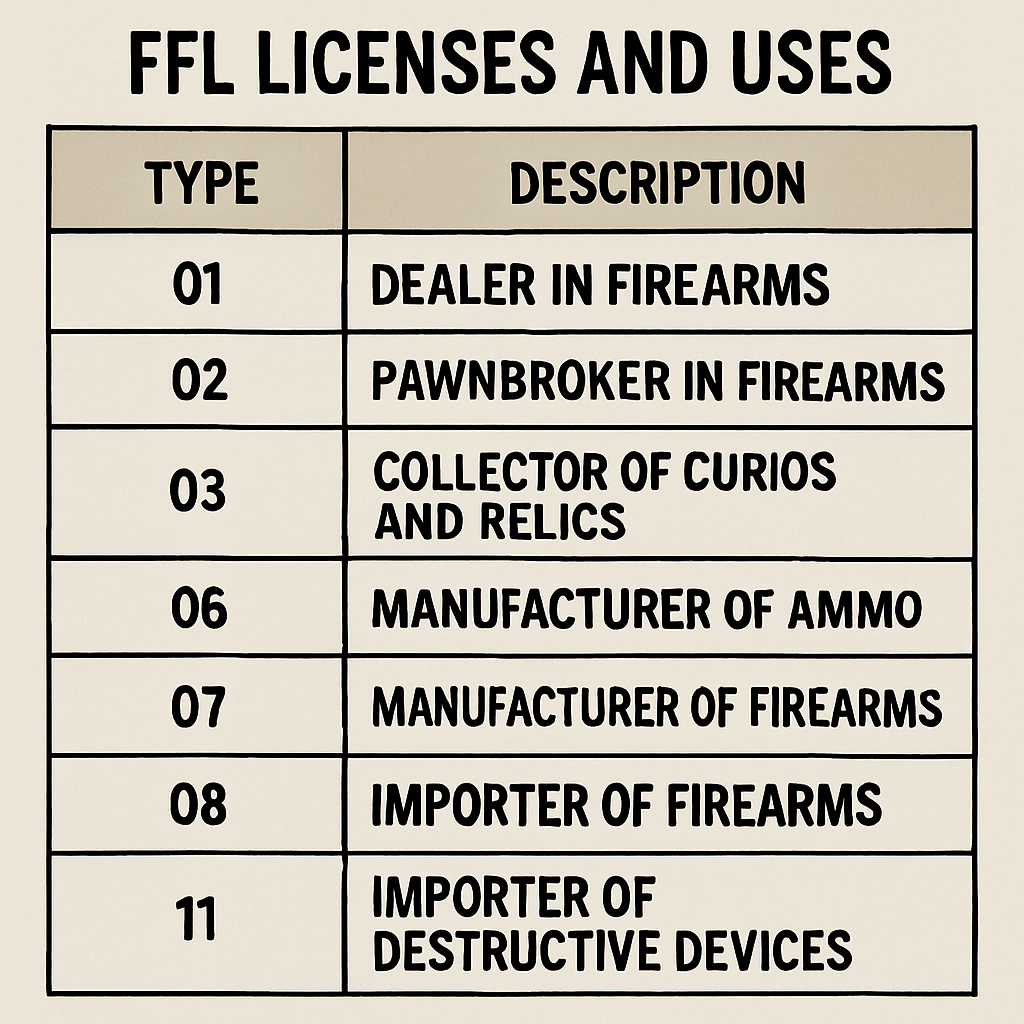 Chart showing the different types of FFL licenses and their uses