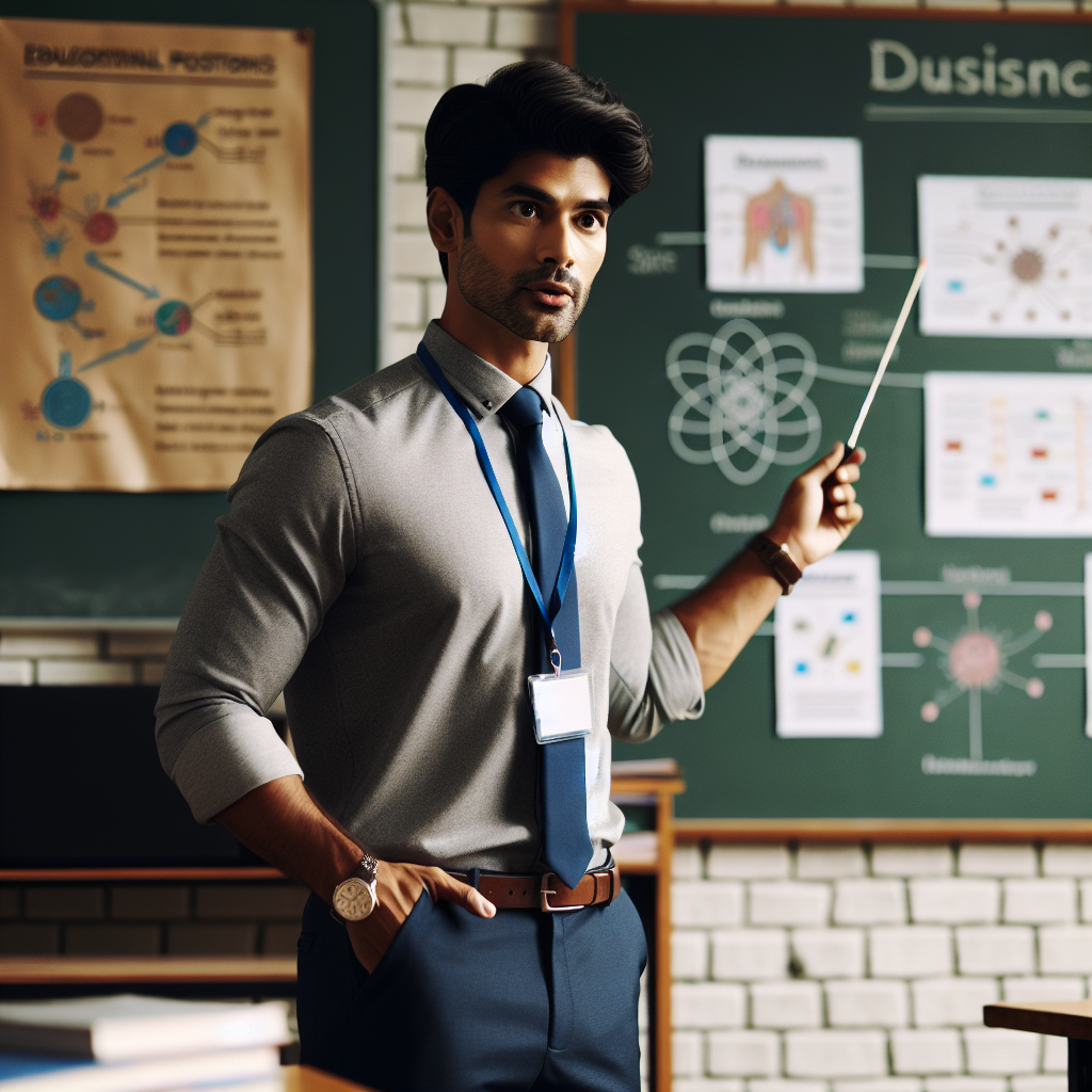 Teacher giving a school lesson with posters printed from school poster makers on the wall
