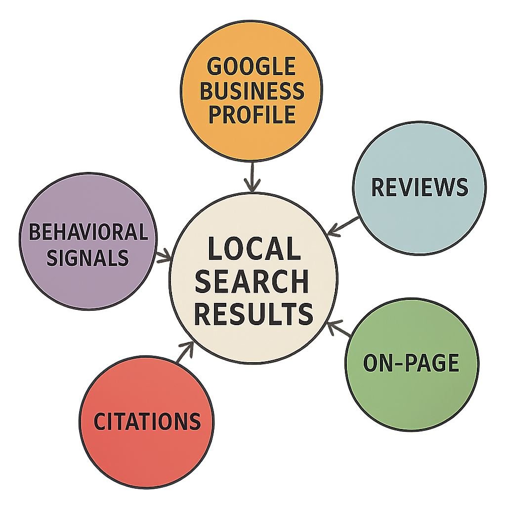 Diagram showing factors influencing local search results