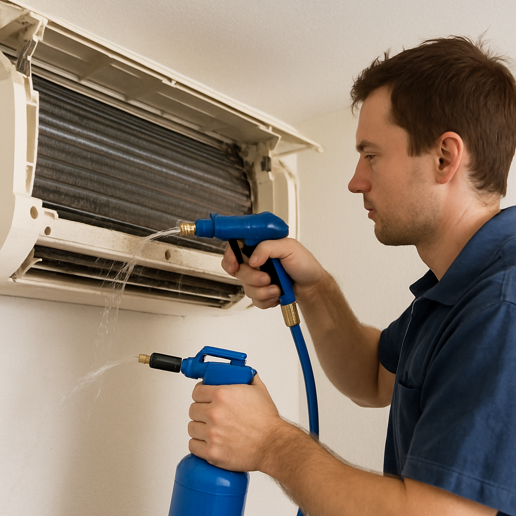 Technician cleaning AC coils