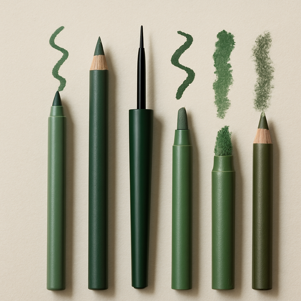 A collection of green eyeliners in various shades and types