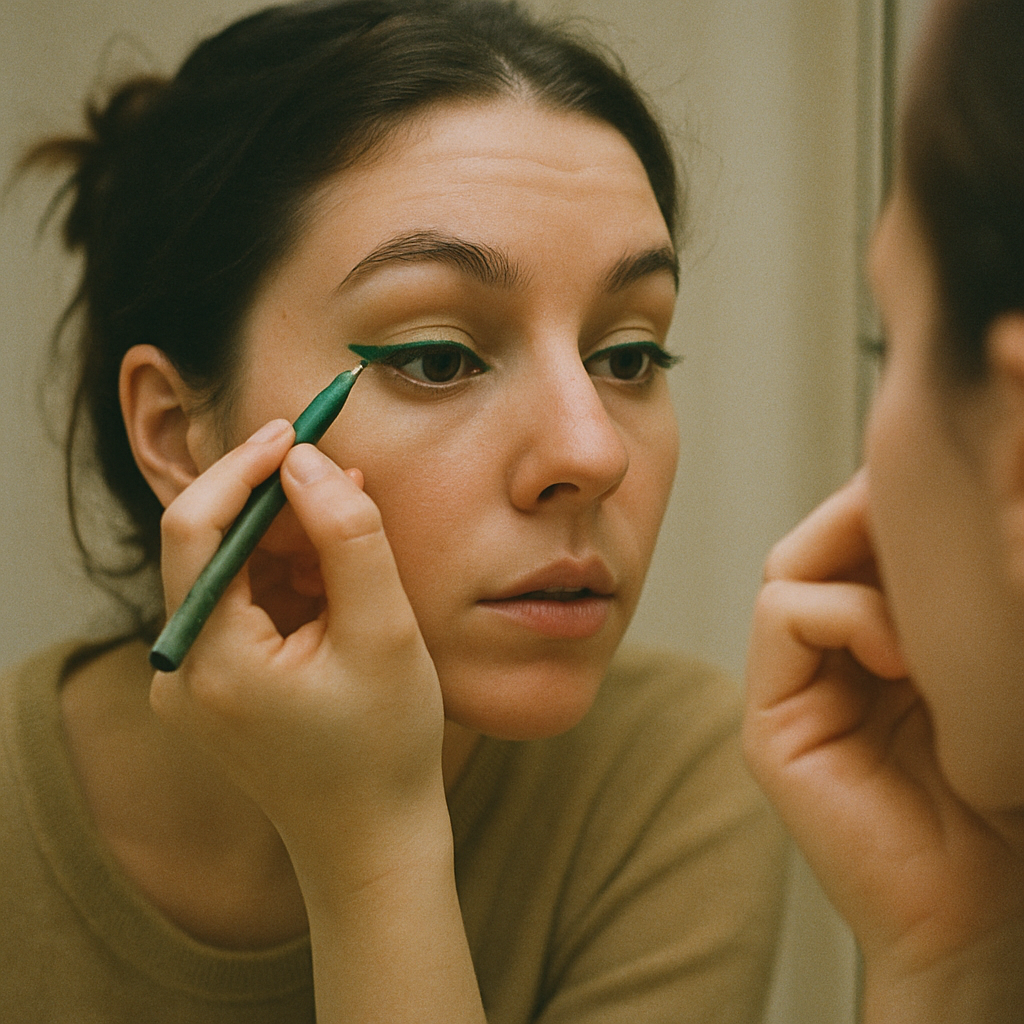 Person applying green eyeliner in a mirror