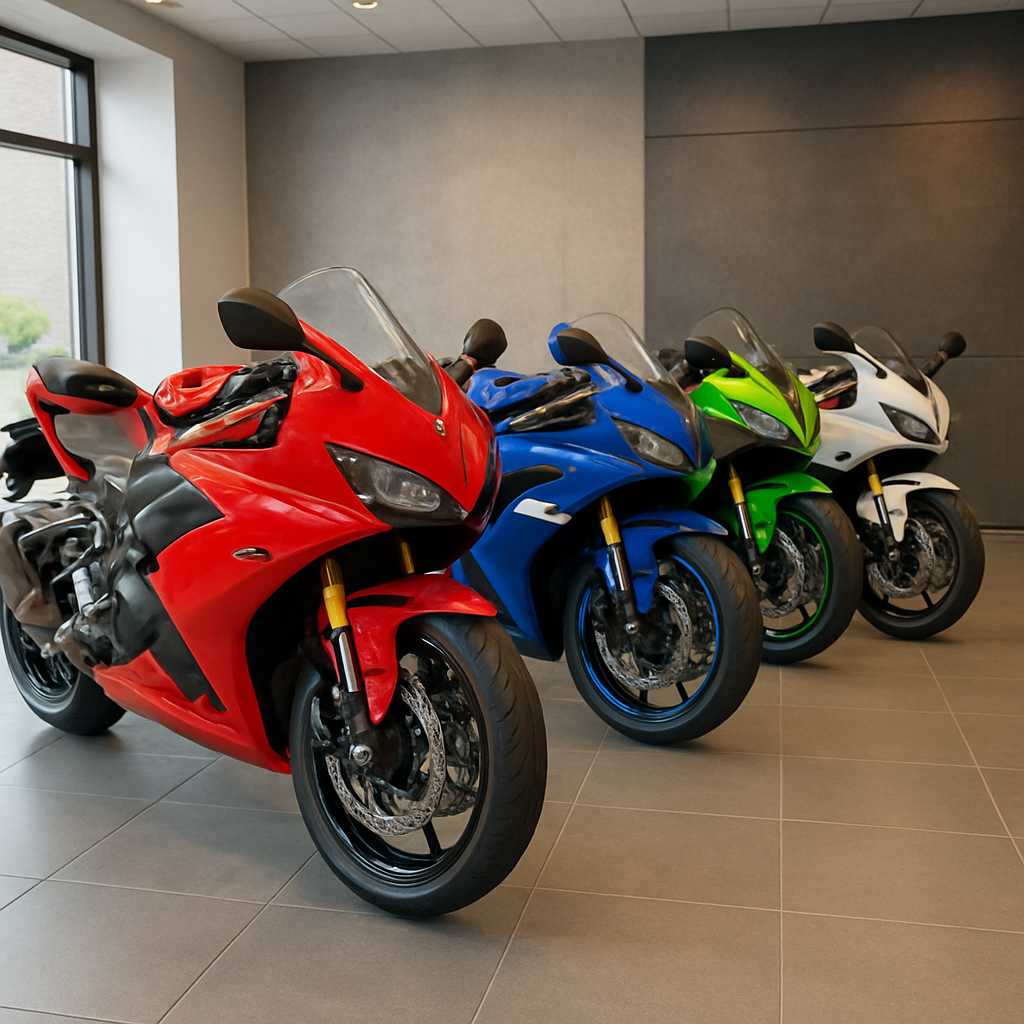 Display of sports bikes in a showroom