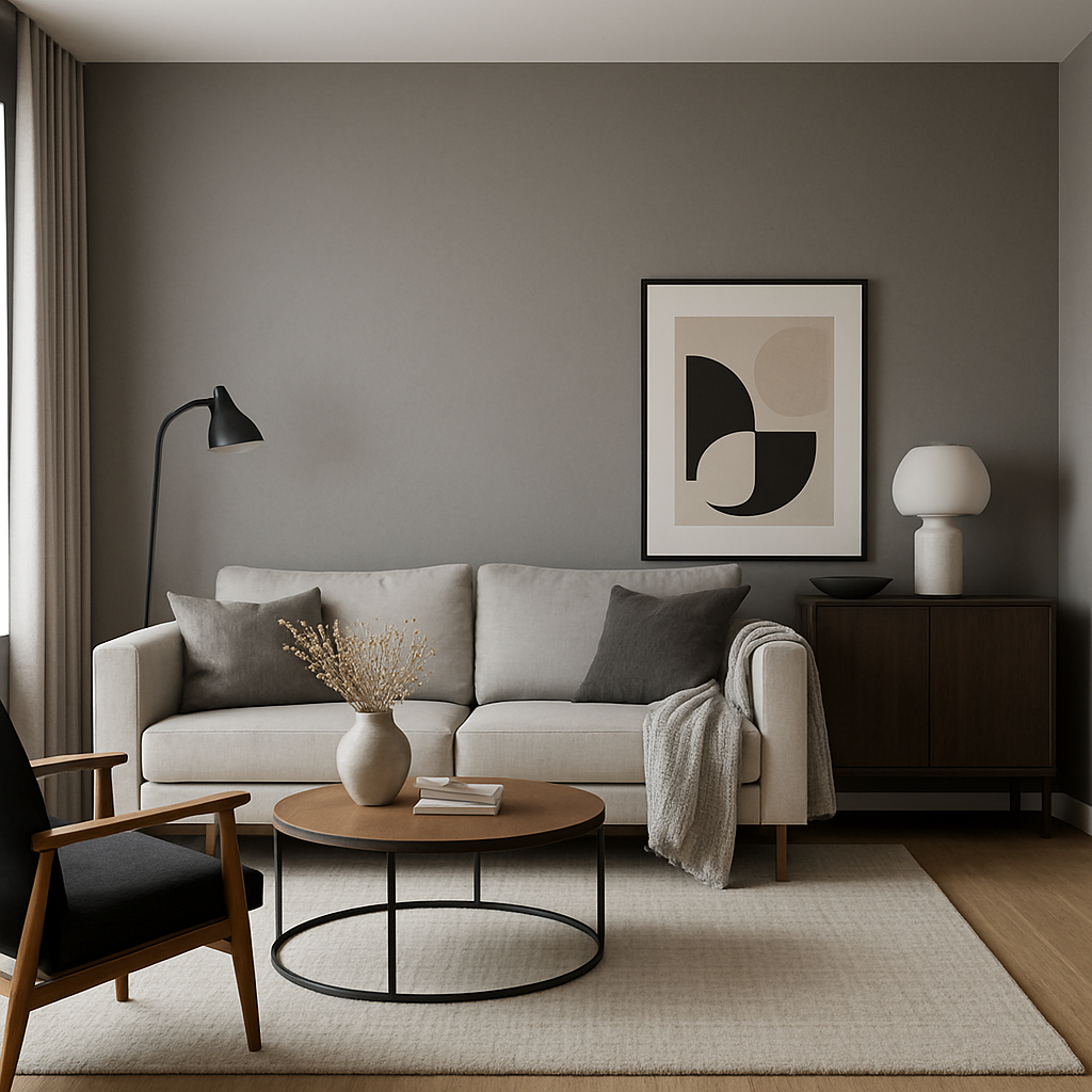 Modern living room with grey walls and decor