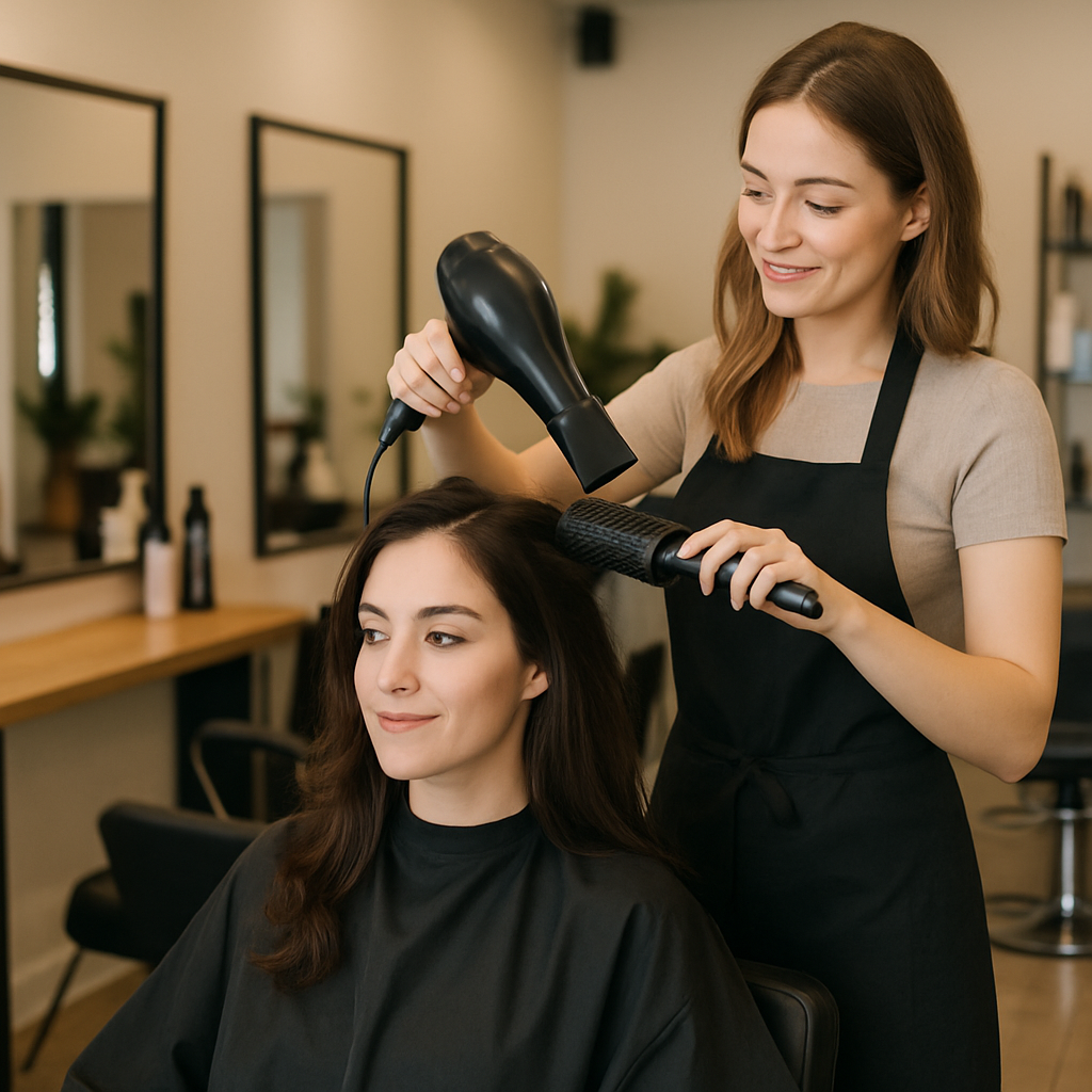 A hairdresser styling a client’s hair in a hair salon