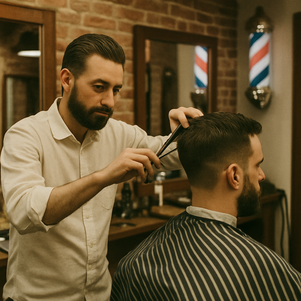 A traditional barber cutting a client's hair in a barbershop
