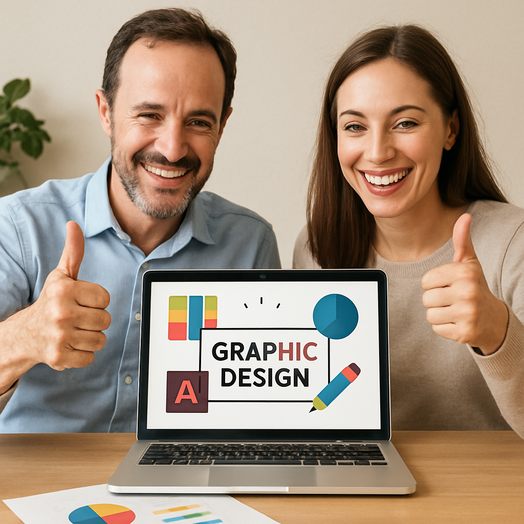Happy clients with graphic design results