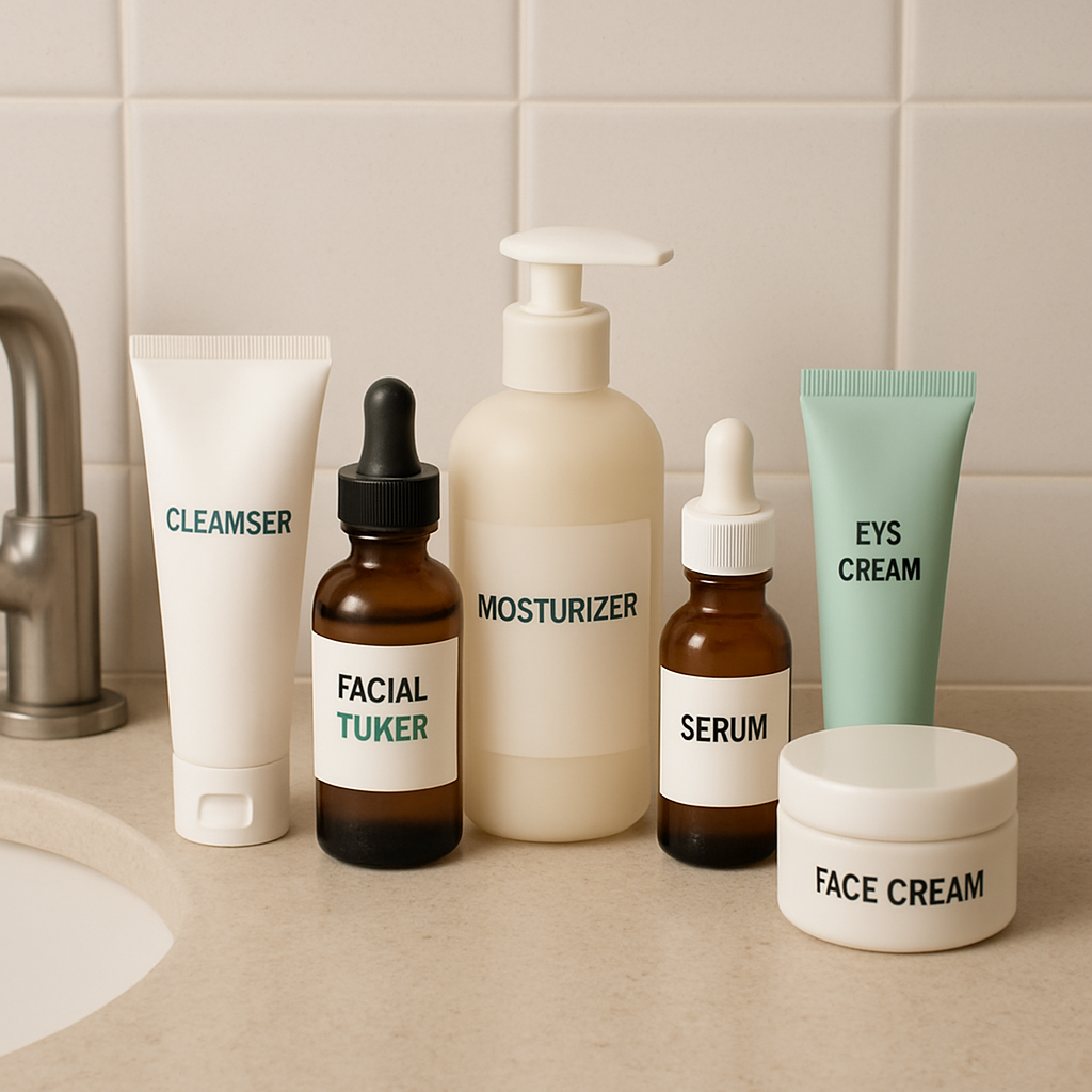 skincare products on a bathroom counter