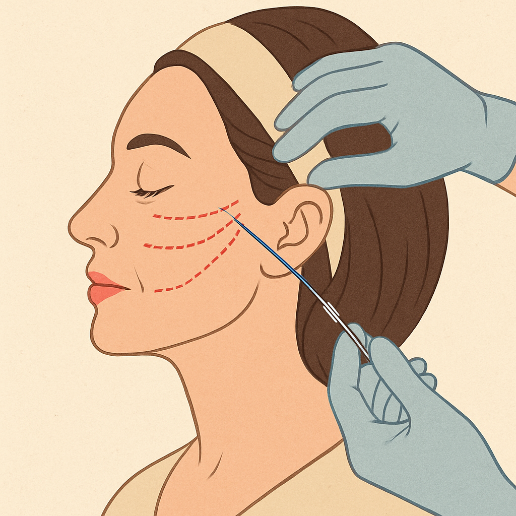 Illustration of facial thread lift procedure