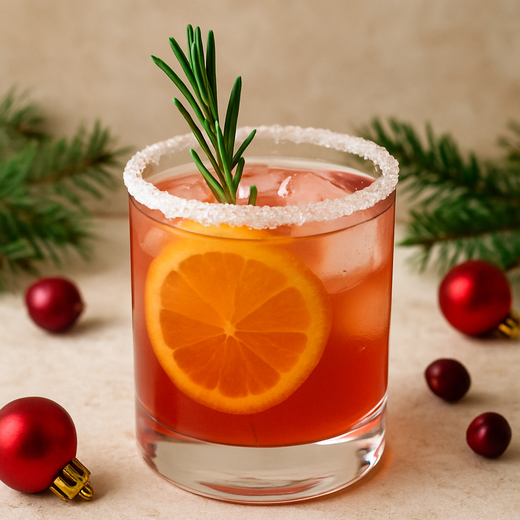 Easy holiday cocktail with a sprig of rosemary
