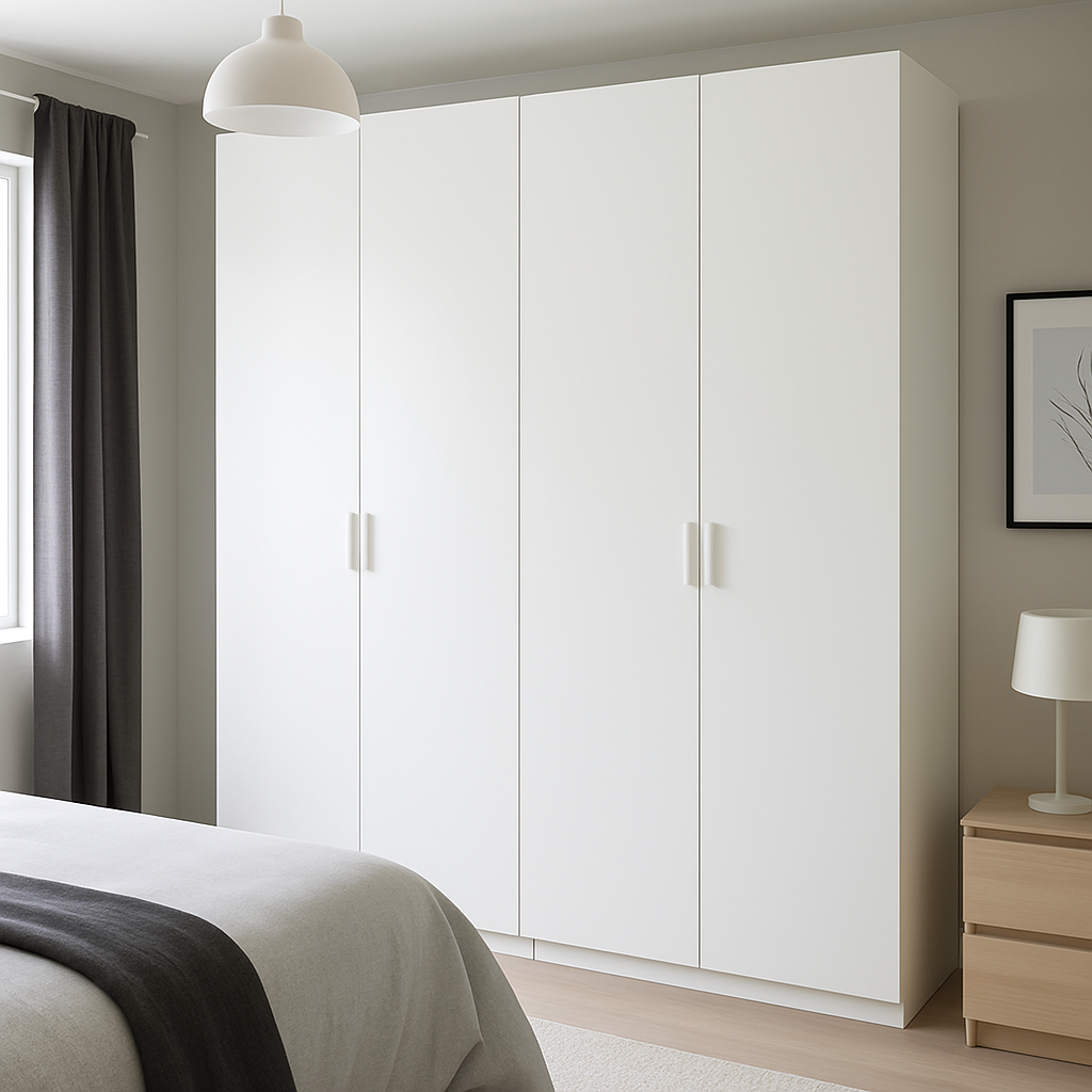 A sleek Ikea PAX wardrobe installed in a modern bedroom