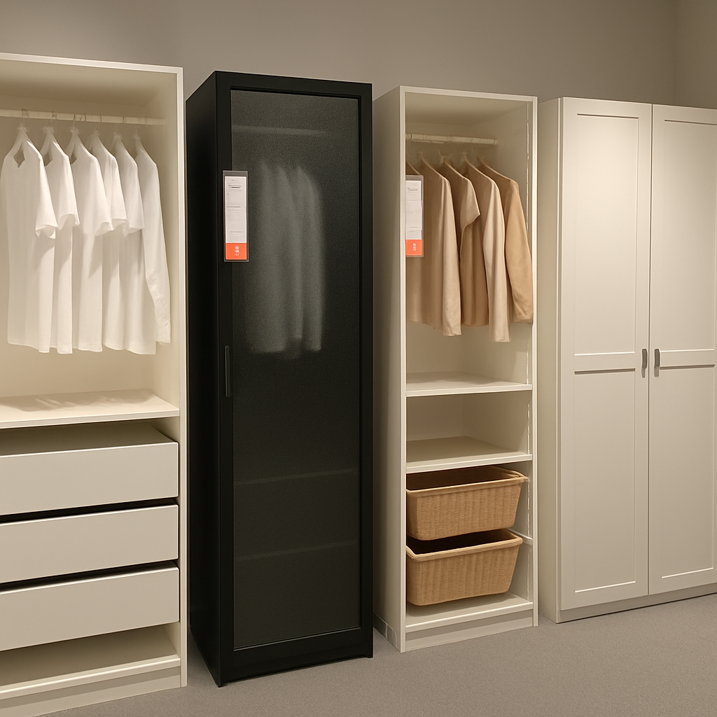 Ikea PAX wardrobe options in a showroom