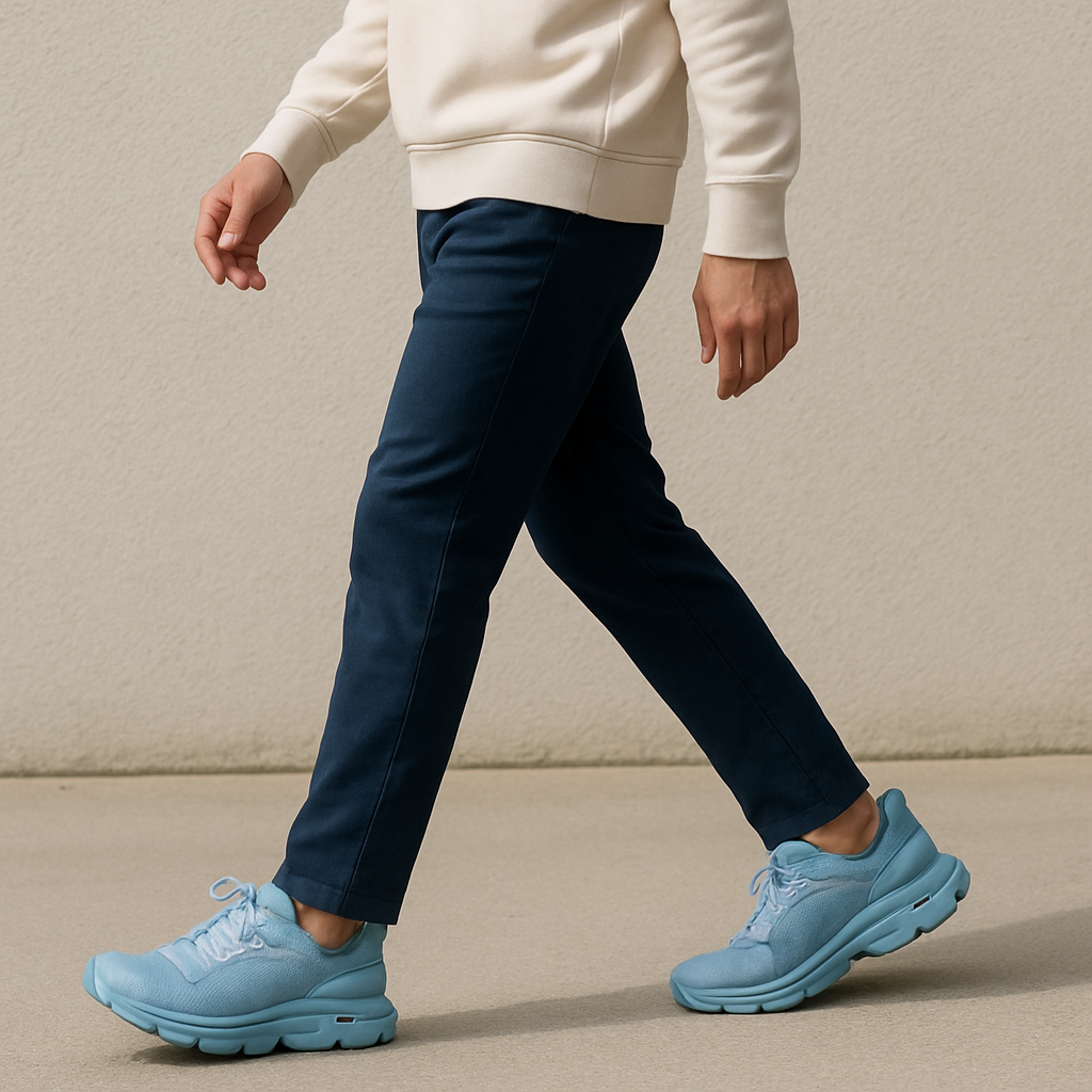 A person walking comfortably in cushion shoes
