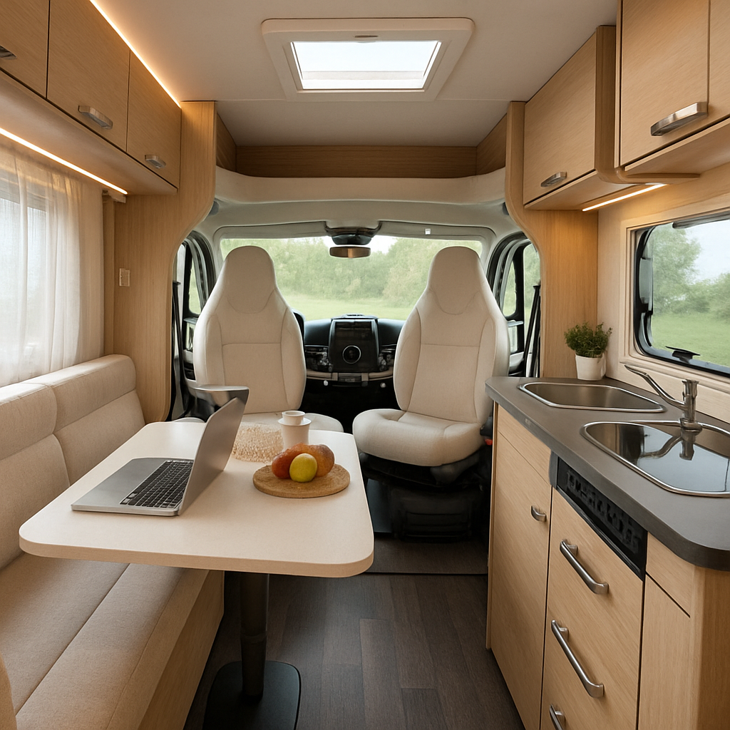 Interior view of a campervan with modern amenities