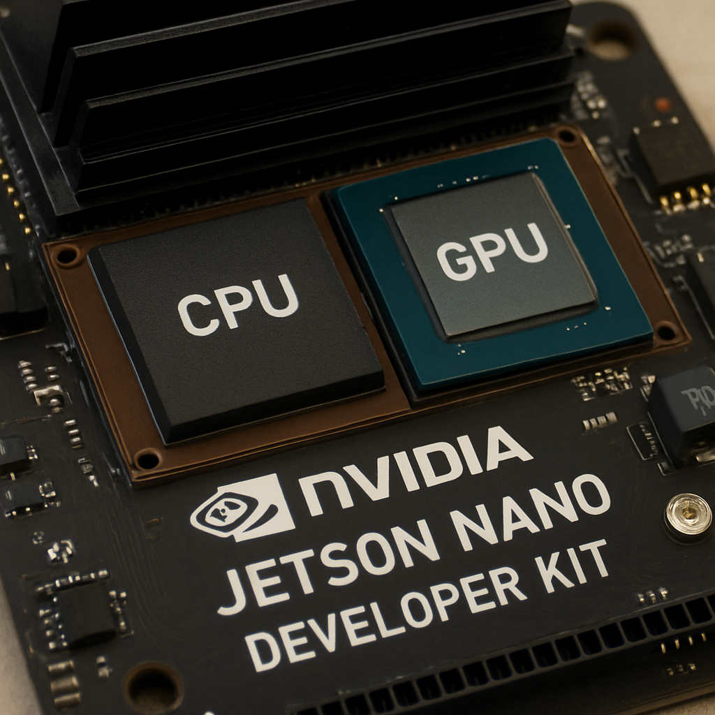 A close-up image of the Jetson Nano Developer Kit showing the CPU and GPU