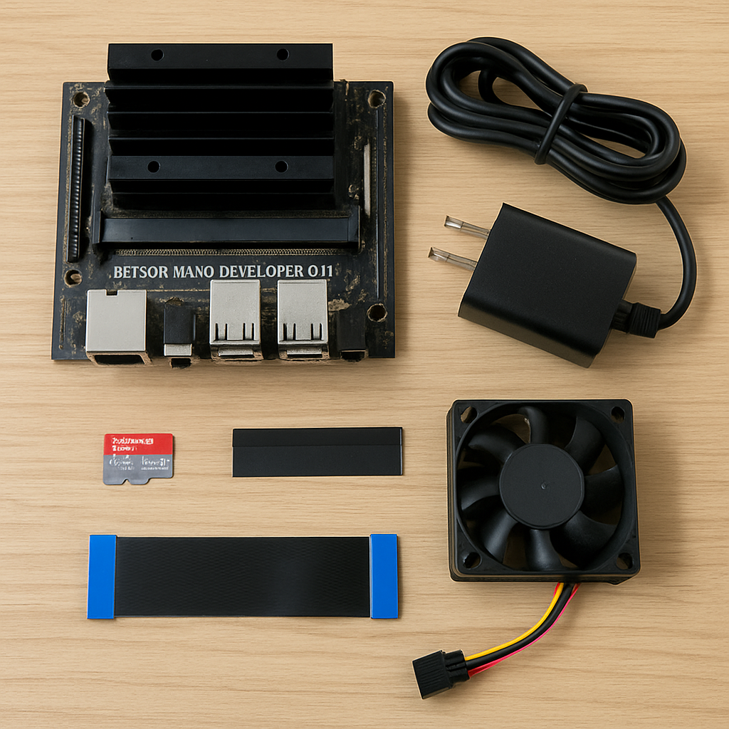 Image of Jetson Nano Developer Kit with various components