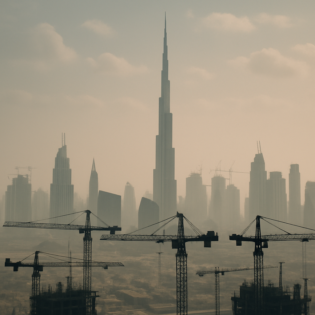 Dubai skyline with construction cranes