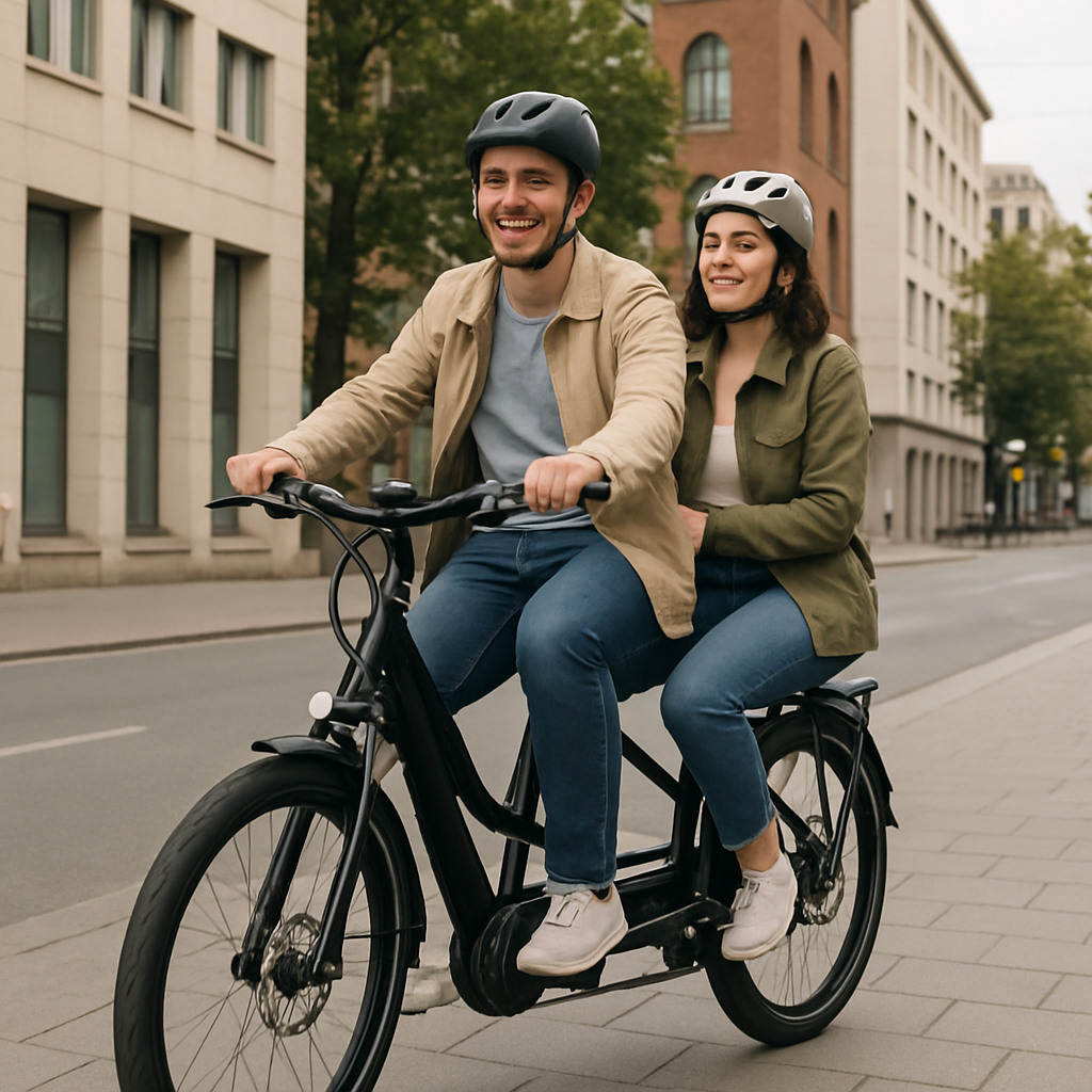 Deux personnes profitant d'un vélo électrique biplace en ville