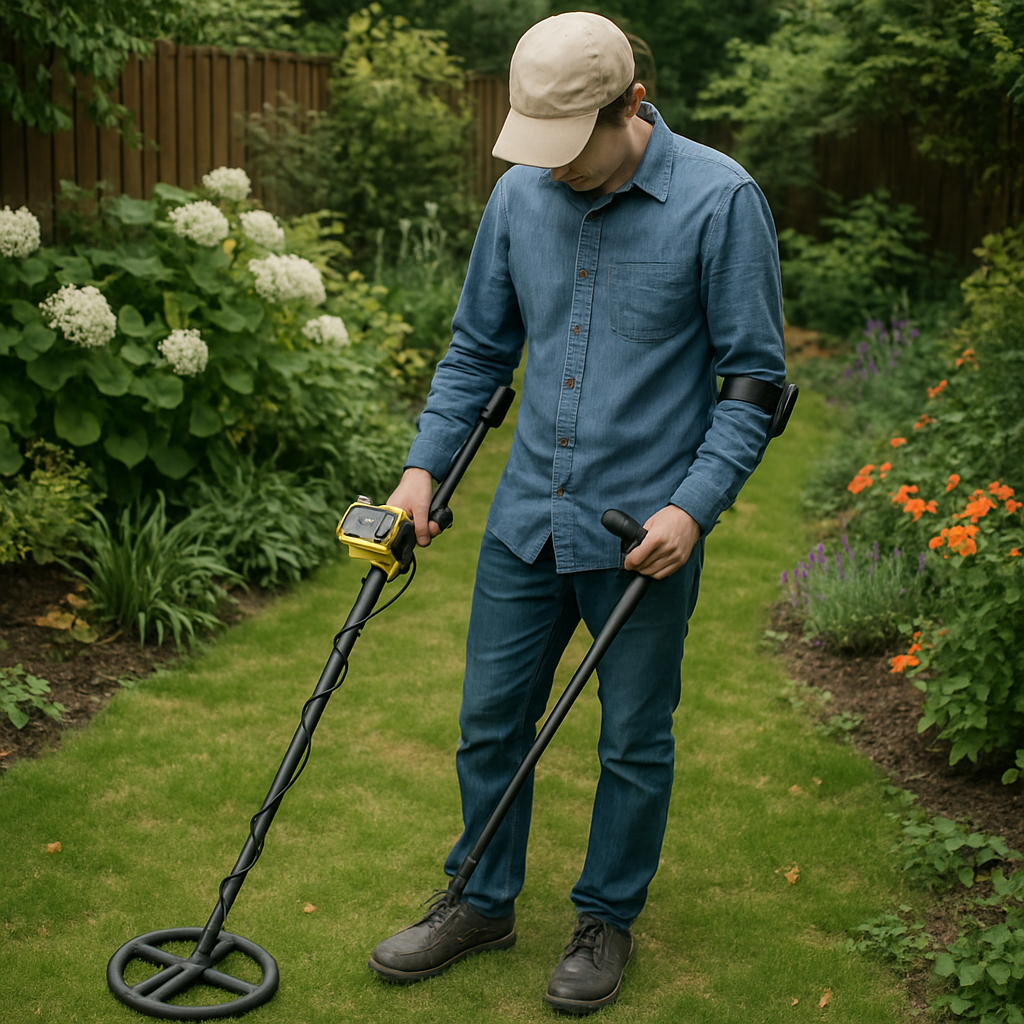 A person using a metal detector in a garden