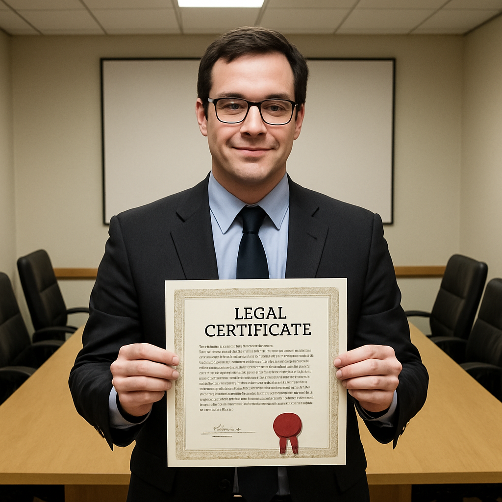 A lawyer holding a legal certificate in a meeting room