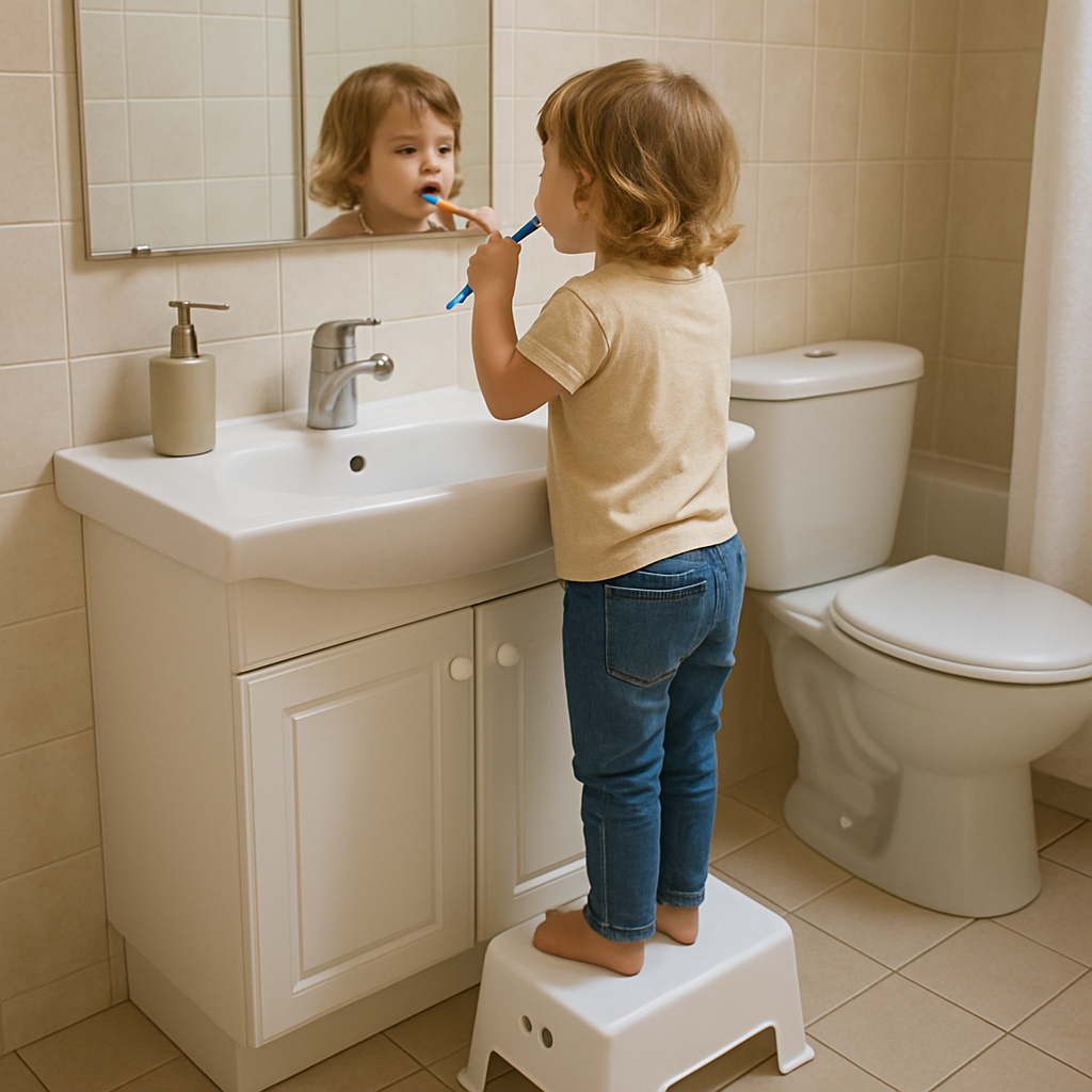 Child using a step stool in the bathroom