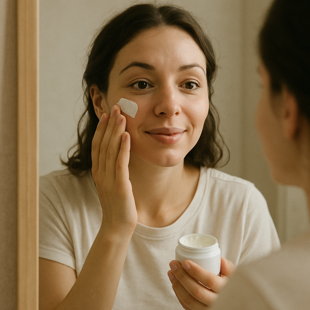Woman applying face cream in mirror