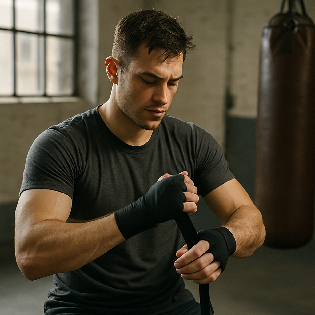 Boxer wrapping hands before training