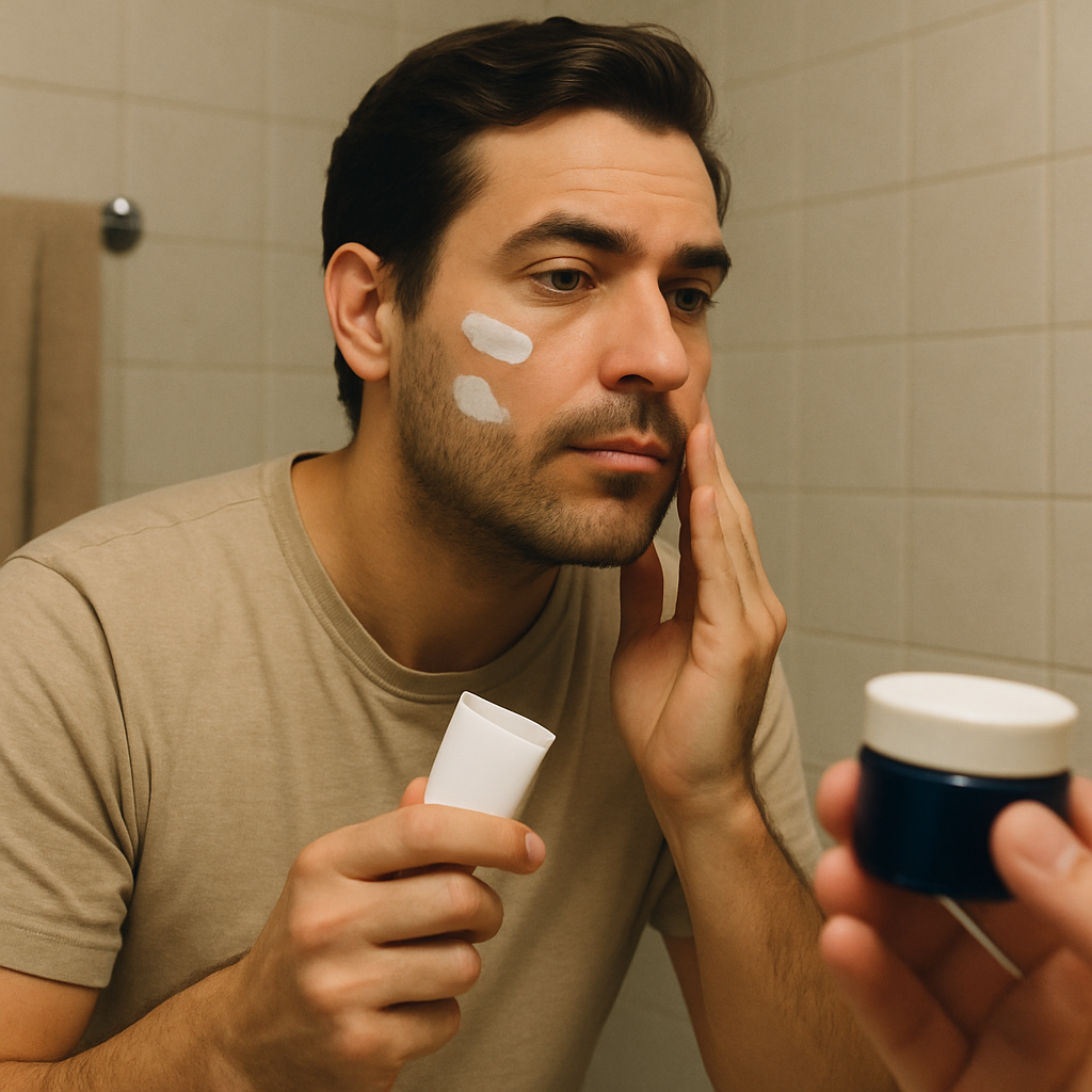 Hombre usando productos de cuidado facial