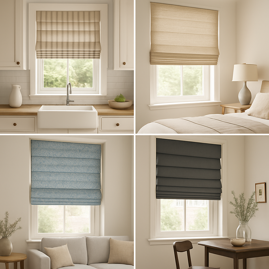 Various Styles of Roman Shades in Different Rooms