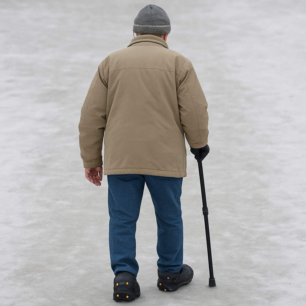 Elderly person wearing ice cleats