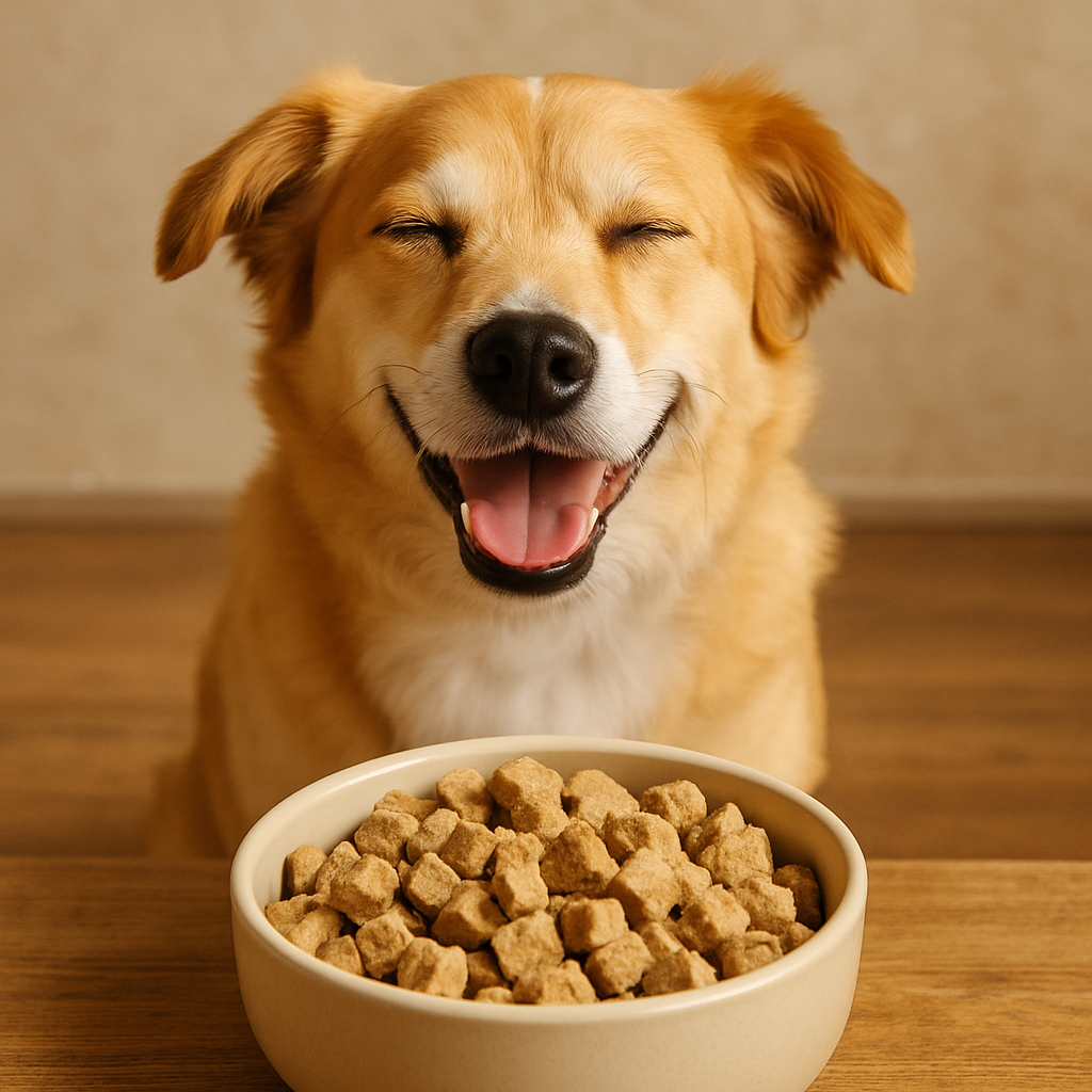 A happy dog enjoying a bowl of freeze-dried dog food